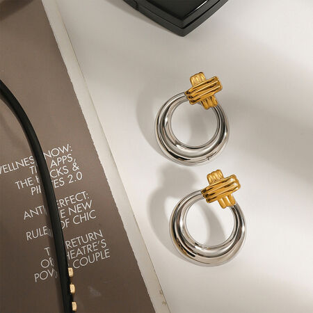 1 Pair Modern Series Daily Annular Stainless Steel Waterproof Gold And Silver Mixed Color Women's Stud Earrings 2