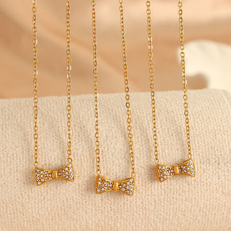 1 piece simple series sweet bow knot stainless steel gold plated rhinestone women pendant necklaces
