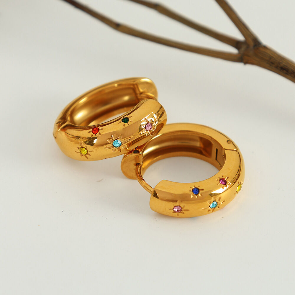 1 pair simple series retro geometric stainless steel gold plated rhinestone women hoop earrings Picture3