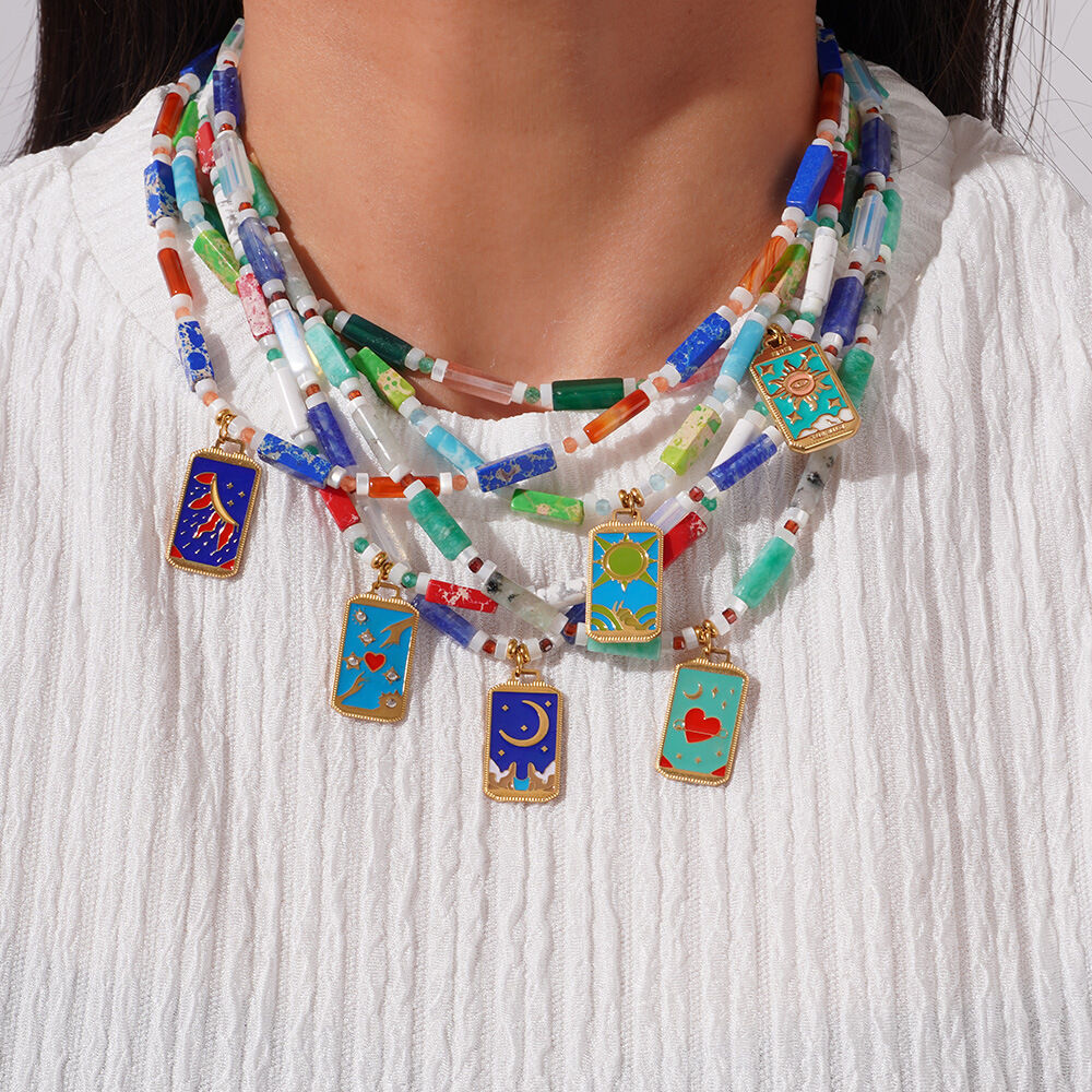 Collana con ciondolo da donna in pietra naturale color oro, in acciaio inossidabile, impermeabile, con tarocchi della luna bohémien, serie etnica, 1 pezzo h5 Immagine5