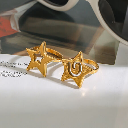 1 stuk designeerbare retro pentagramvormige opengewerkte ring van roestvrij staal, waterdicht, goudkleurig, voor dames 2
