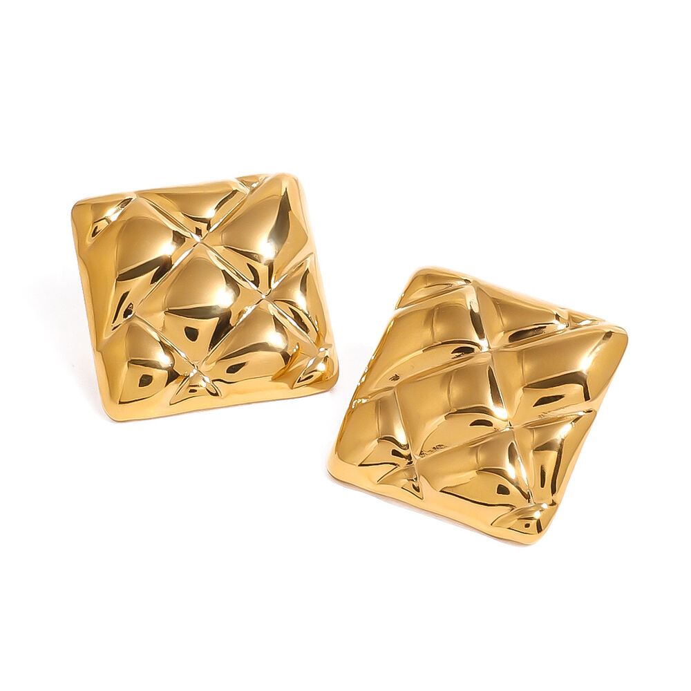 1 paio di orecchini a bottone retrò a forma quadrata in acciaio inossidabile color oro impermeabili h5Immagine5