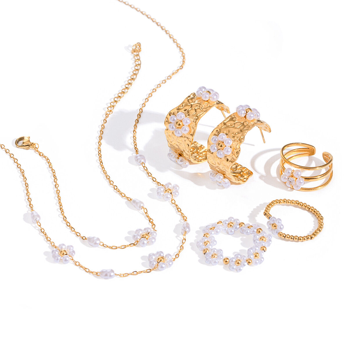 1 pair romantic sweet style hollowed-out flower shape stainless steel gold plated inlay artificial pearl women's earrings set h5 Picture5