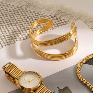 Pulseras de mujer de acero inoxidable, resistentes al agua, de color dorado, de línea sólida y elegante, de serie simple, 1 unidad h5 Imagen5