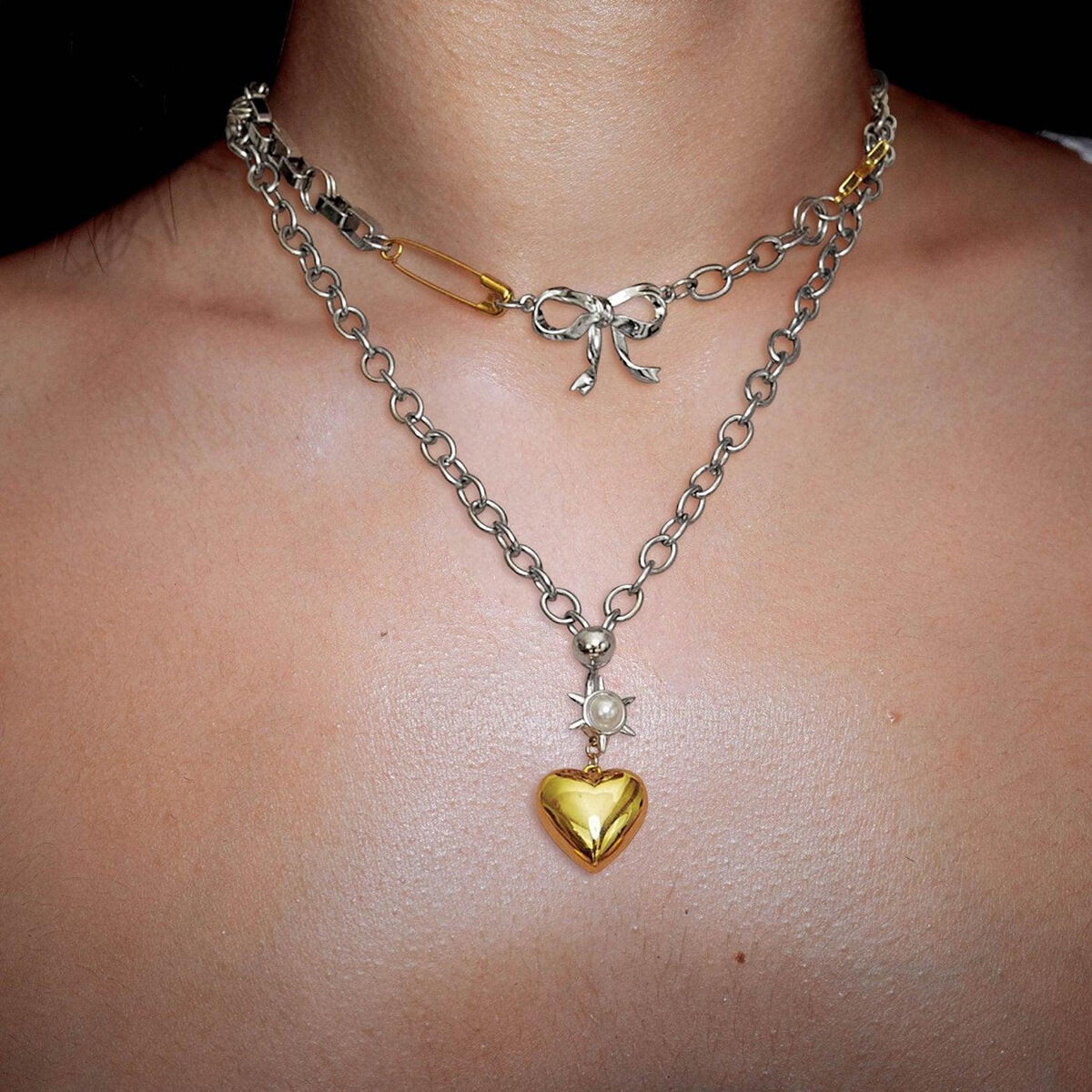 1 pezzo semplice serie retrò fiocco nodo acciaio inossidabile placcato oro 18K donne collane con ciondolo h5 Immagine4