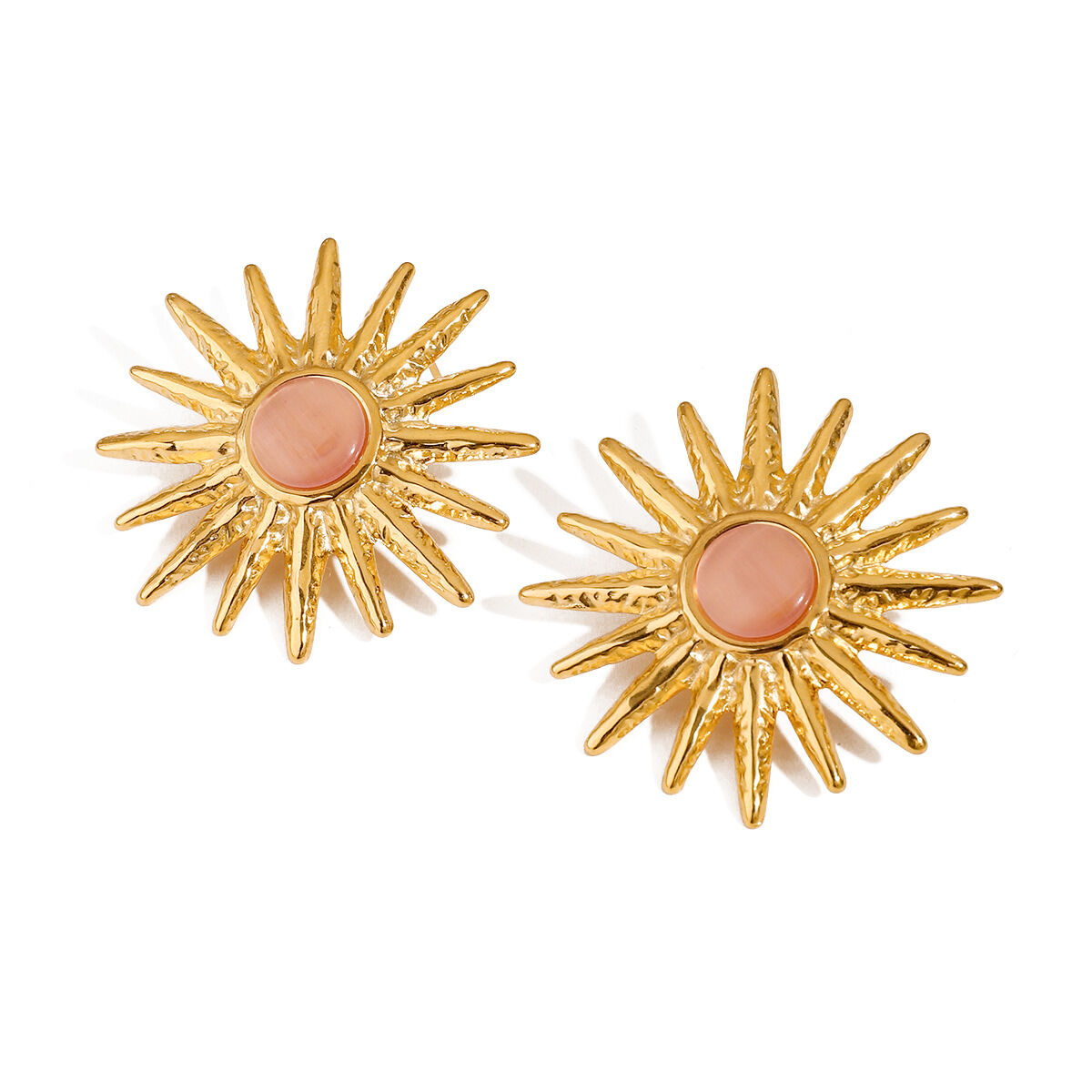 1 par de elegantes pendientes de acero inoxidable con forma de sol, resistentes al agua, color dorado y piedra natural para mujer. h5Imagen6