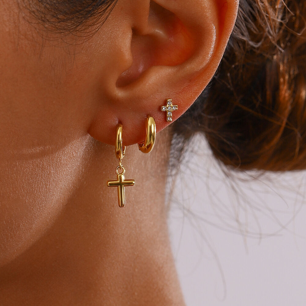 1 pair simple series elegant cross stainless steel gold plated rhinestone women earrings set Picture4