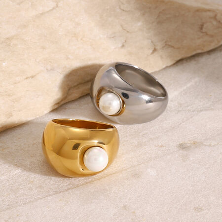 1 pair simple series round stainless steel gold plated artificial pearl women single rings 2
