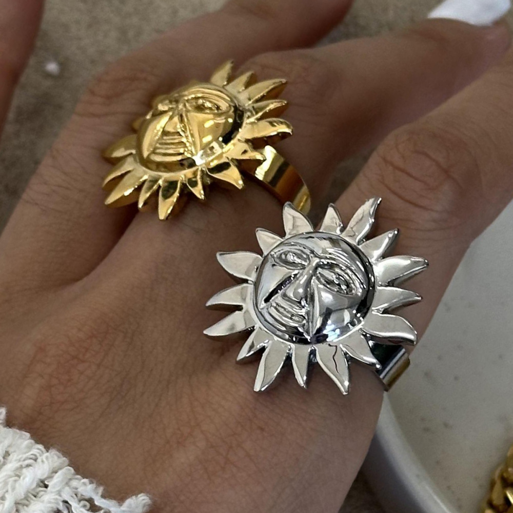1 Paio Di Anelli Regolabili Da Donna In Acciaio Inossidabile Placcato Oro , Serie Semplice, Retrò, Sole/Luna Immagine3