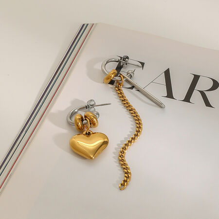 1 Pair Simple Series Asymmetric Heart Tassels Stainless Steel Waterproof Gold and Silver Color Women's Drop Earrings