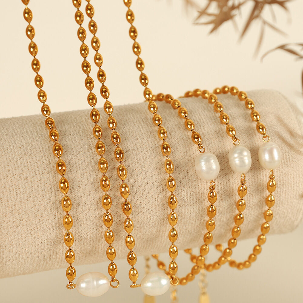 1 Stück Simple Series Retro Beads Edelstahl 18 Karat vergoldet Kunstperle Damen Perlenarmbänder
