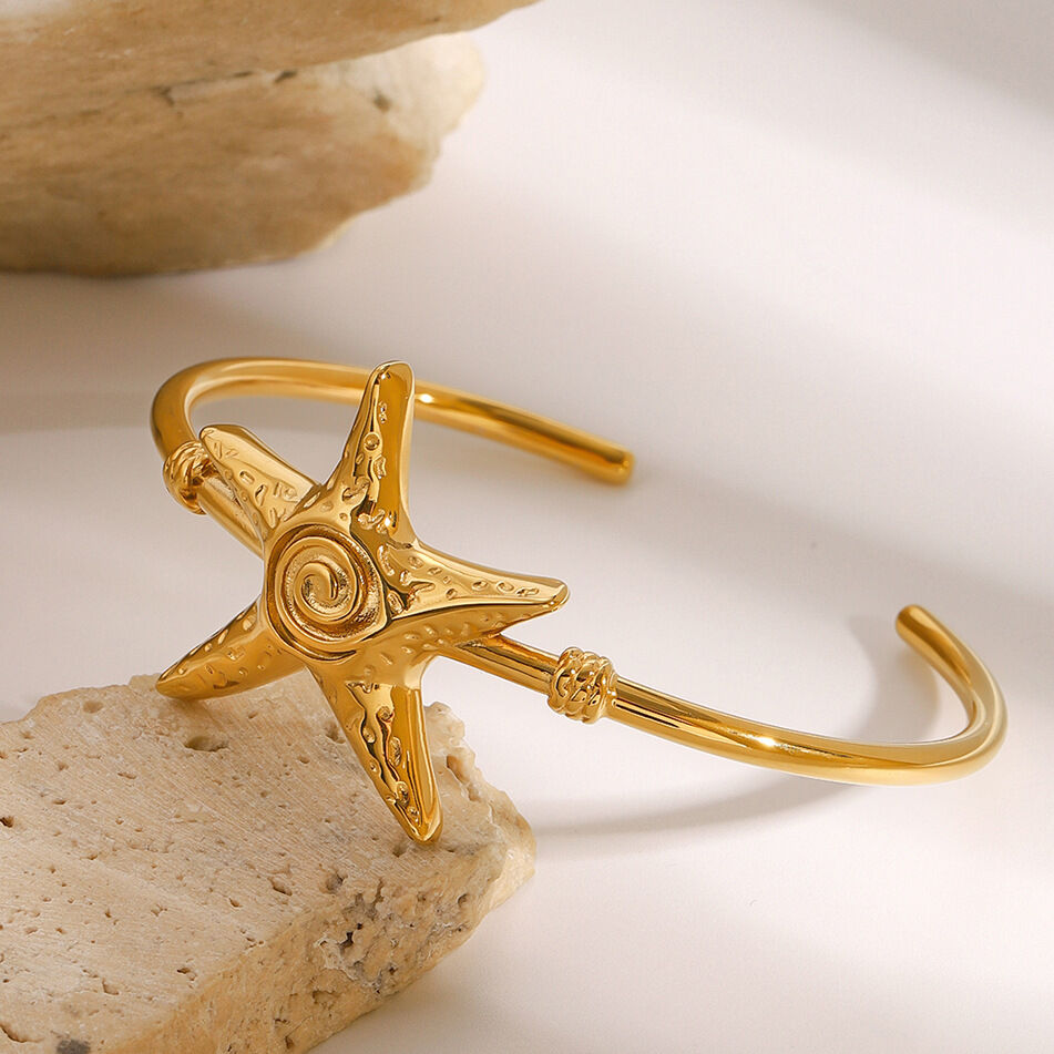 Pulseras para mujer de acero inoxidable chapadas en oro de 18 quilates con diseño de estrella natural, serie clásica, 1 unidad h5Imagen3
