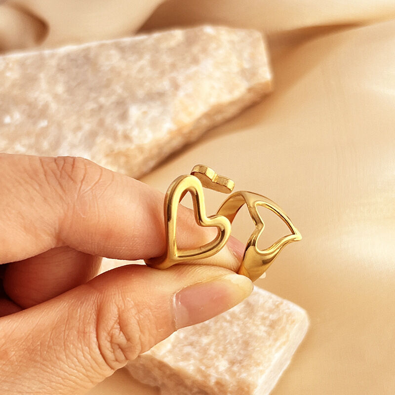 1 Piece Designable Series Elegant Hollow Heart Shape Stainless Steel Waterproof Gold Color Women's Adjustable Rings