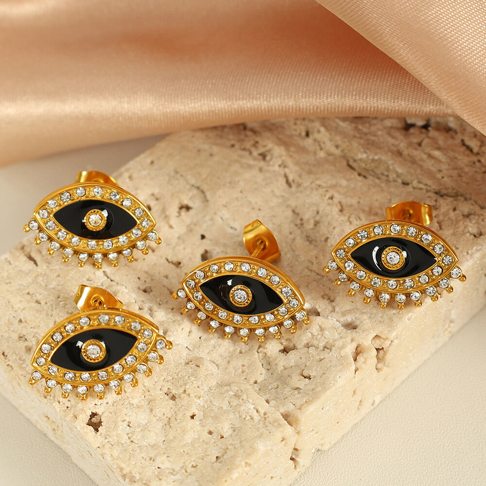 1 paio di orecchini a bottone da donna con strass placcati in oro , serie semplice, stile retrò, con occhi in acciaio inossidabile 2