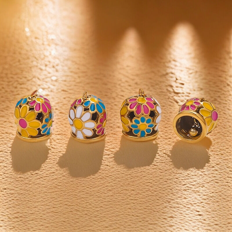 1 Piece Gorgeous Series Vogue Enamel Flower Pattern Bell Shape Stainless Steel Waterproof Gold Color Women's Pendants 2