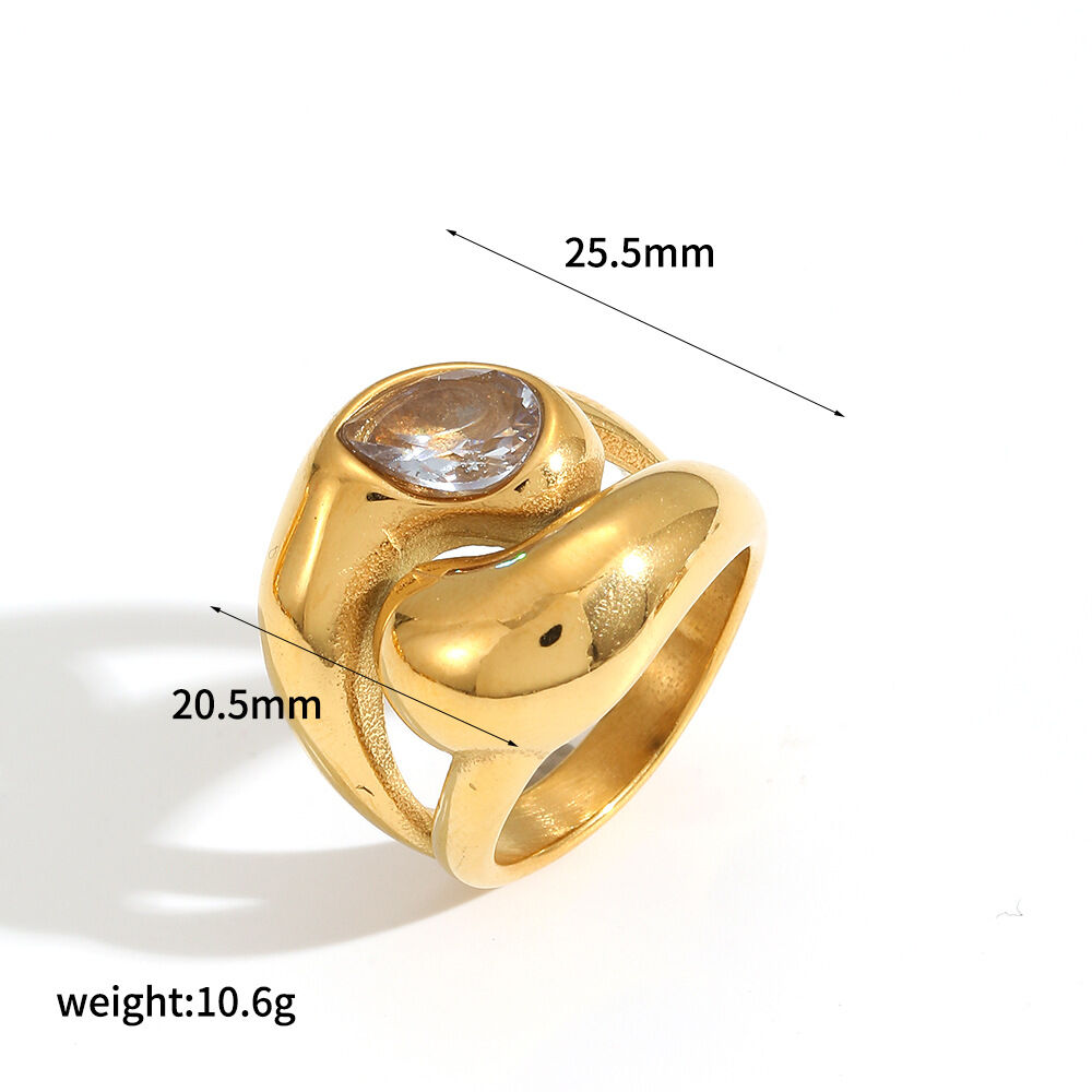 1 pezzo di lusso serie Vogue Natural Droplet in acciaio inossidabile impermeabile color oro anelli singoli da donna h5Immagine5