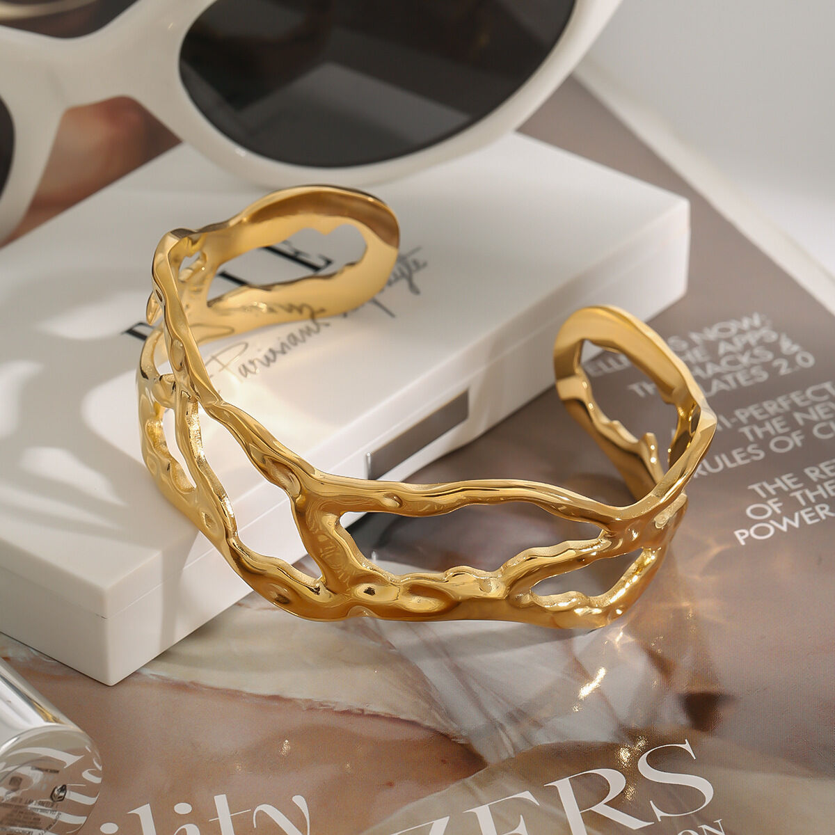 1 pezzo serie classica  braccialetti da donna in acciaio inossidabile placcato oro irregolare h5 Immagine3