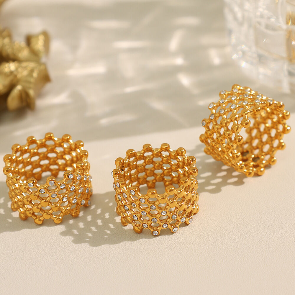 1 pair simple series retro geometric stainless steel  gold plated rhinestone women single rings