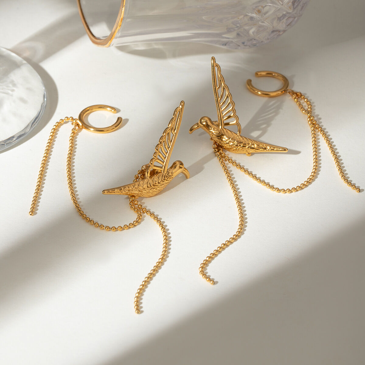 1 pair simple retro style bird shape stainless steel  gold plated women's clip-on earrings