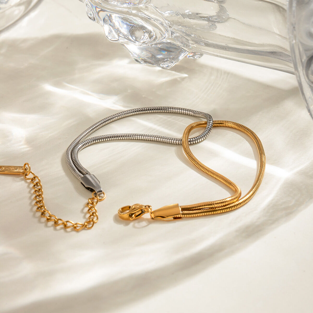 bracelet chaîne rond en acier inoxydable plaqué or  pour femme, série simple, 1 pièce 2
