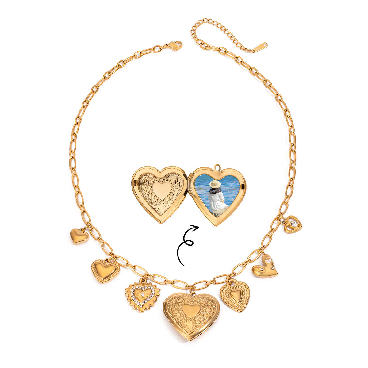 Collana con ciondolo fai da te da donna in acciaio inossidabile color oro impermeabile, a forma di cuore, alla moda, serie classica, 1 pezzo h5 Immagine6
