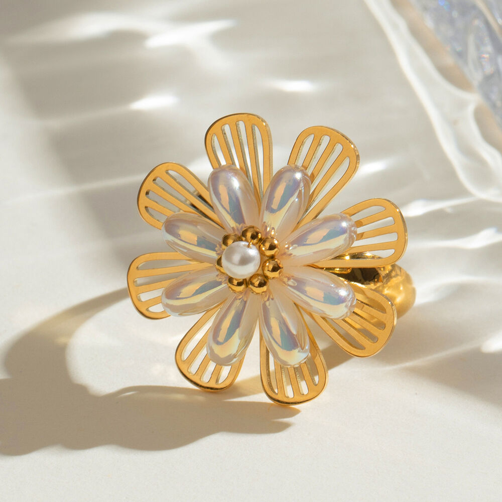1 Paar Classic Series Retro Flower Edelstahl 18 Karat vergoldet Kunstperle verstellbare Damenringe h5Bild4