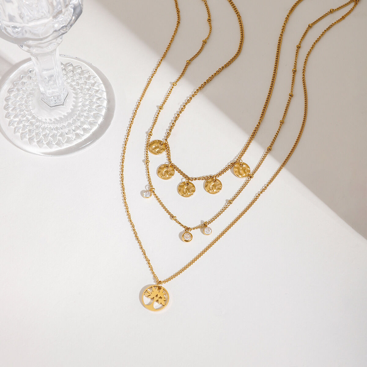 1 Piece Natural Series Elegant Tree Stainless Steel Waterproof Gold Color Women's Layered Necklaces 2