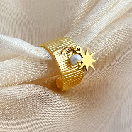 1 Piece Stylish Series Retro Octagram Ripple Pattern Stainless Steel Waterproof Gold Color Women's Adjustable Rings