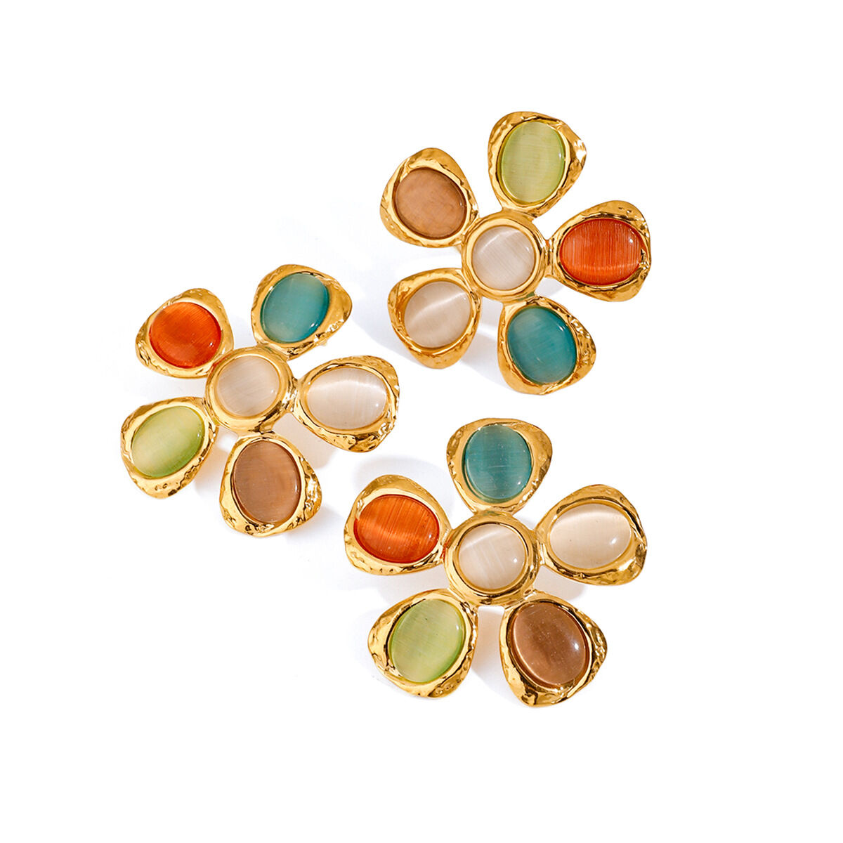 1 Pair Romantic Series Vacation Flower Stainless Steel Waterproof Gold Color Natural Cat-eye Stone Women's Stud Earrings h5 Picture8