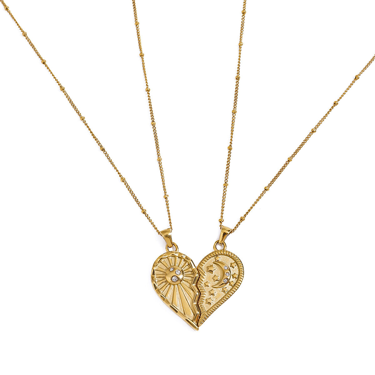 1 pieza de collar con colgante de acero inoxidable, serie romántica, elegante, con forma de corazón, luna y sol, color dorado, resistente al agua, para mujer. Imagen9