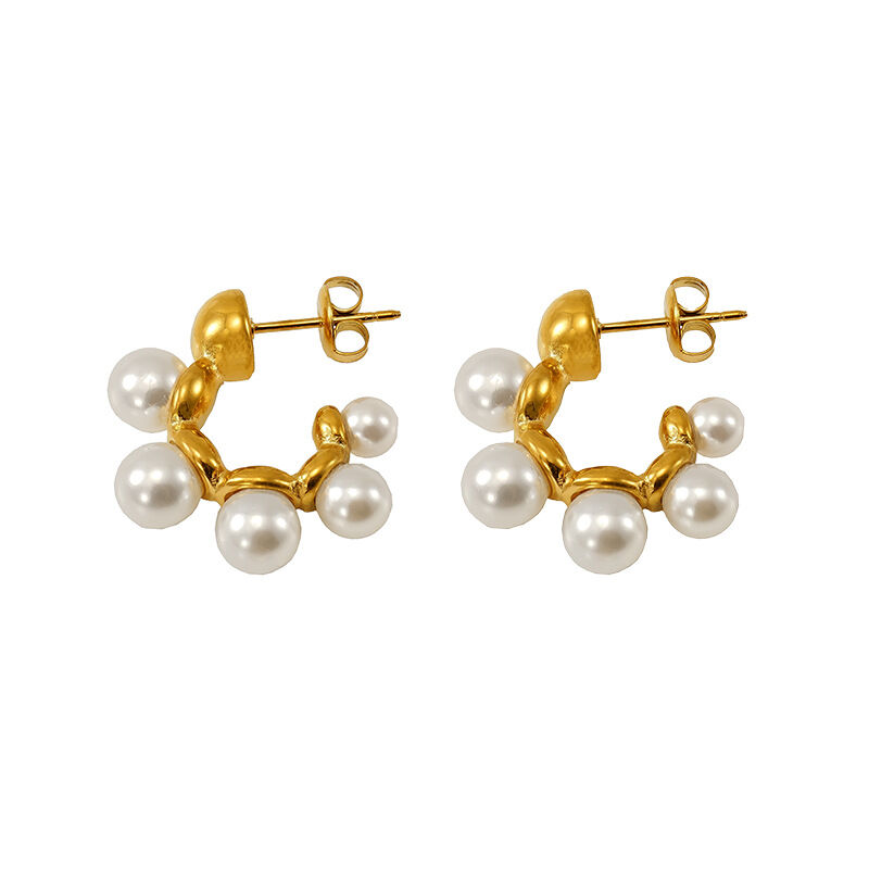 1 par de pendientes colgantes de perlas artificiales de acero inoxidable chapados en oro de 18 quilates con diseño geométrico simple para mujer Imagen6