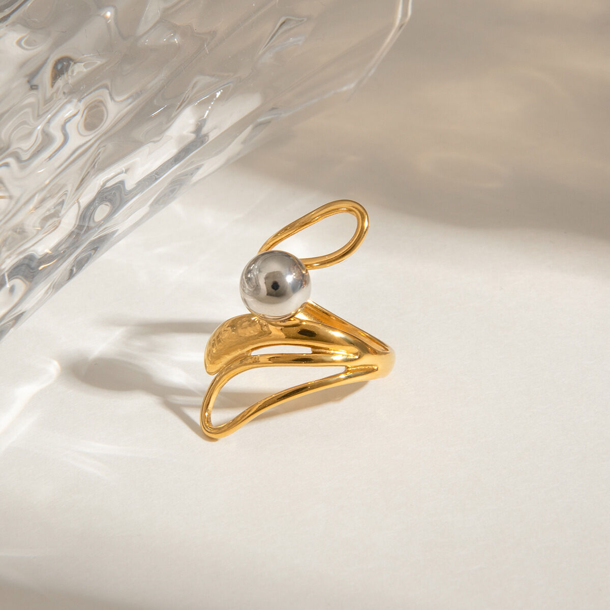 1 pezzo, anelli singoli da donna in acciaio inossidabile, impermeabili, alla moda, irregolari, color oro, serie moderna h5 Immagine4