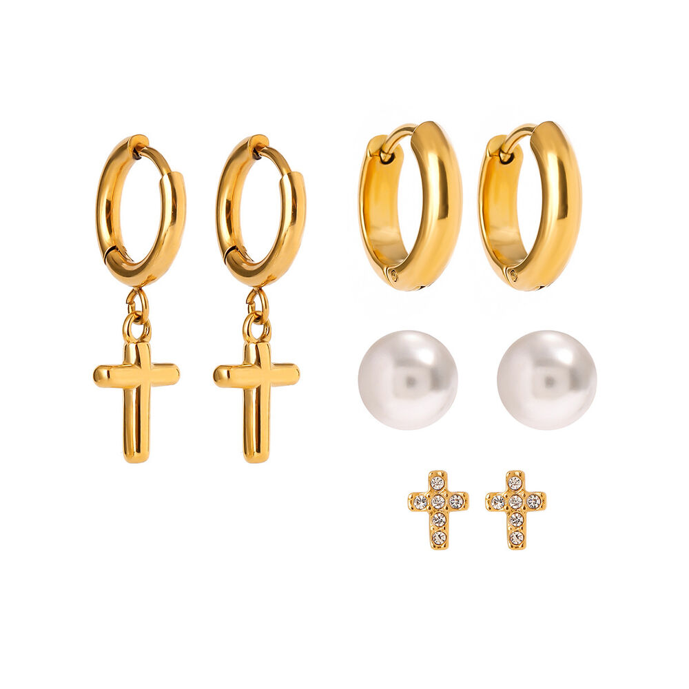 1 pair simple series elegant cross stainless steel gold plated rhinestone women earrings set Picture5