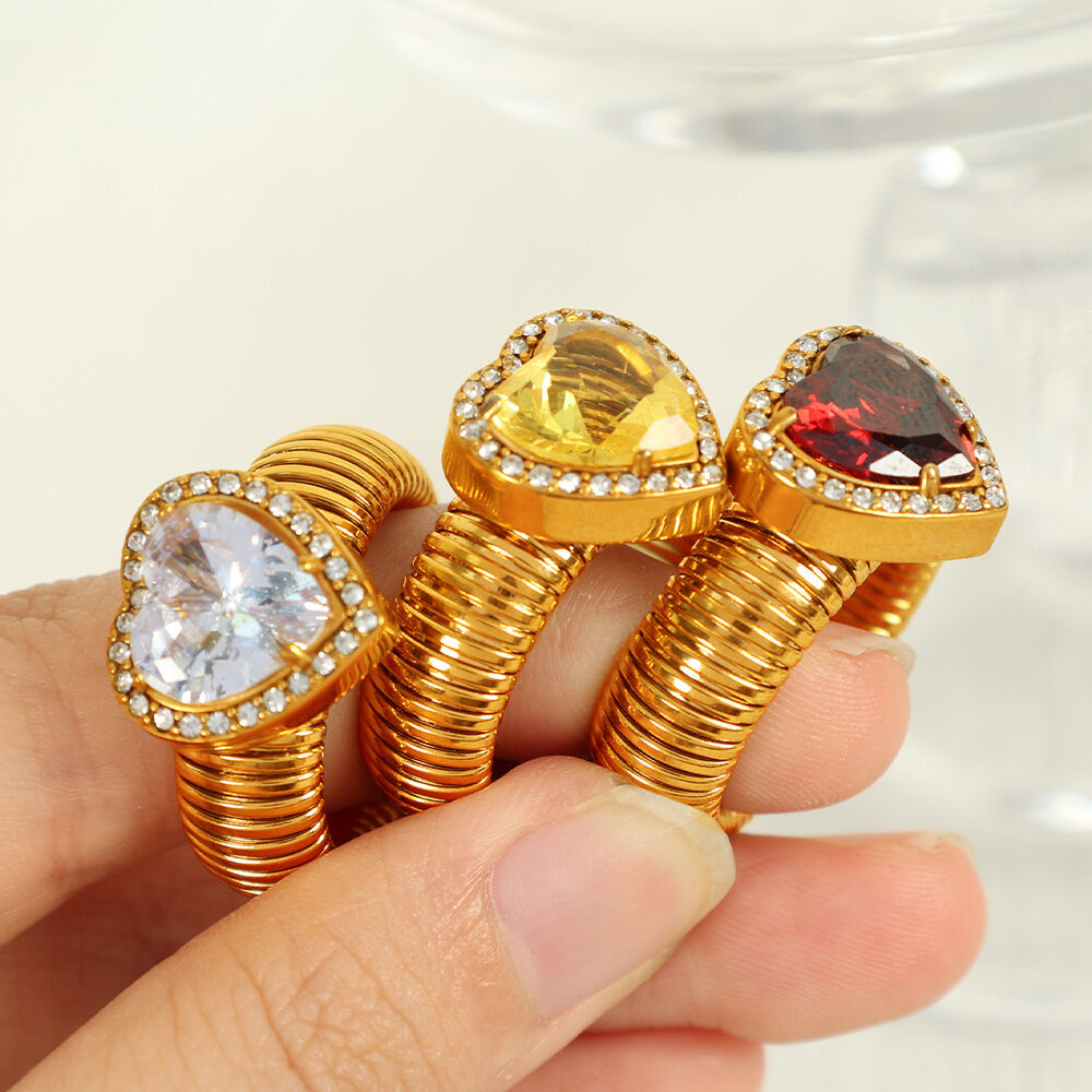 1 pair romantic series retro heart colorful stainless steel gold color plated zircon women's single rings Picture4