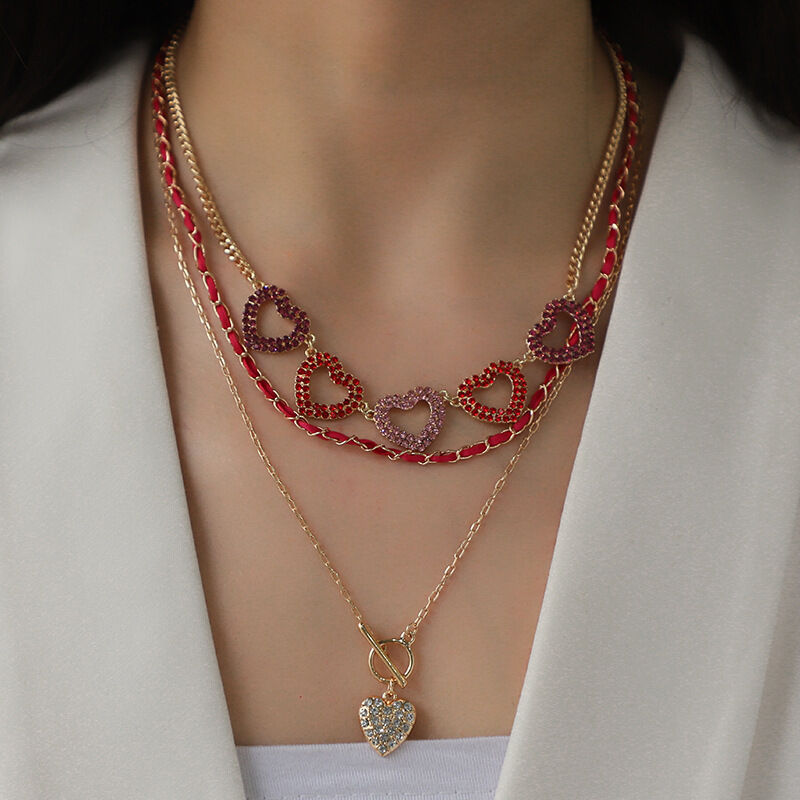 1 Piece Romantic Series Holiday Dazzling Heart Shape Gold Color Alloy Women's Layered Necklaces 2