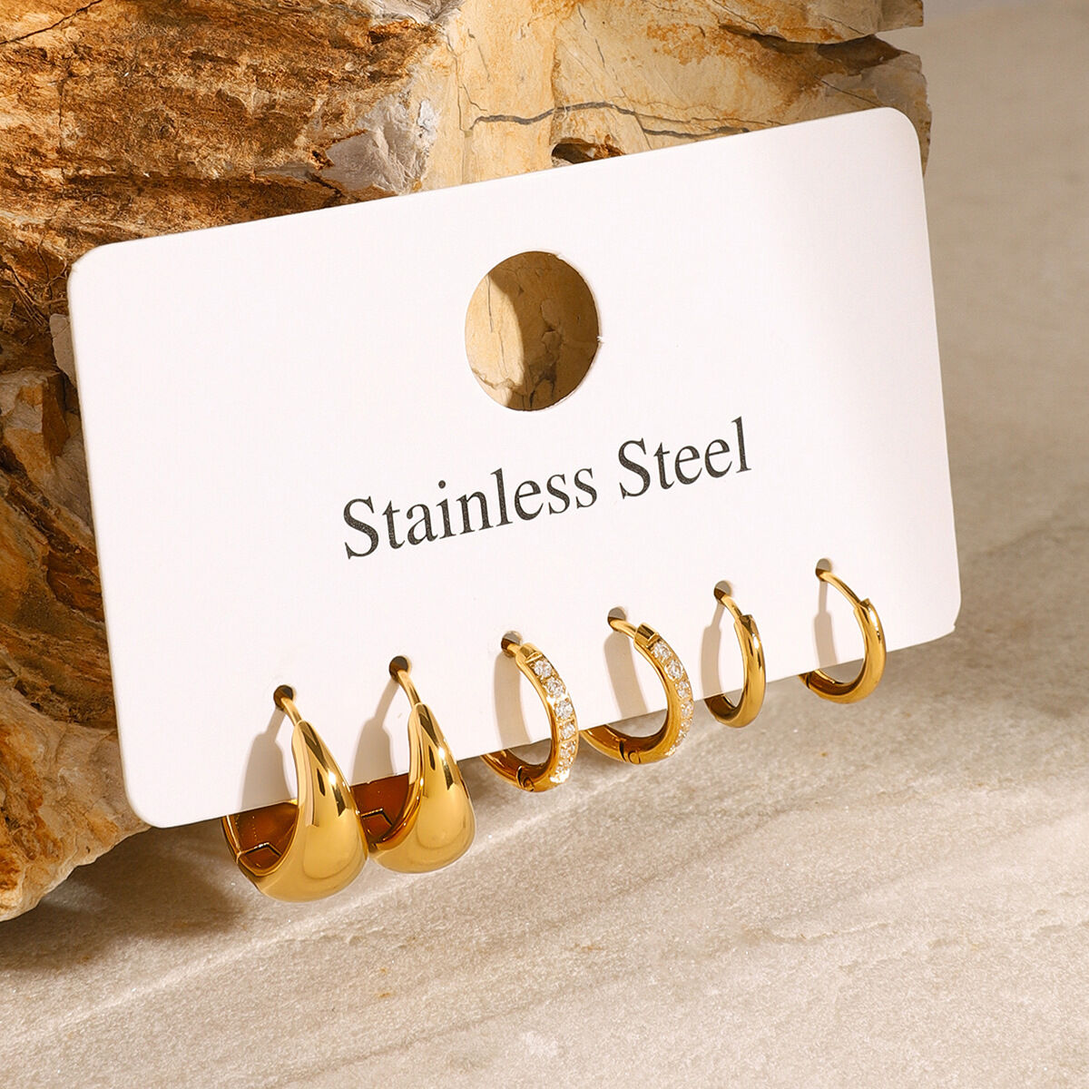 1 Set Simple Geometric Stainless Steel Waterproof Gold Color Rhinestone Women's Earrings Set h5Picture4