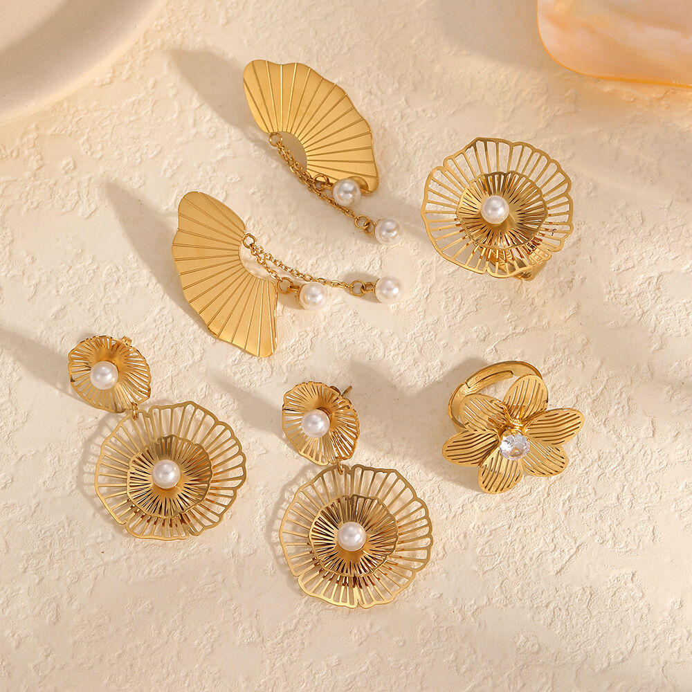 1 pair simple series daily flower stainless steel  gold plated artificial pearl women Drop Earrings h5 Picture3