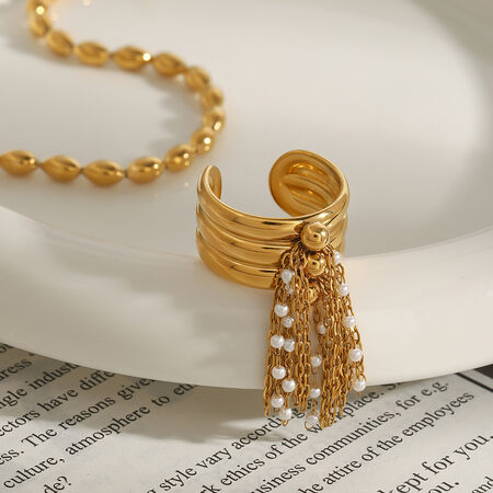 1 Piece Classic Series Designsble Tassel Stainless Steel Waterproof Gold Color Women's Single Rings