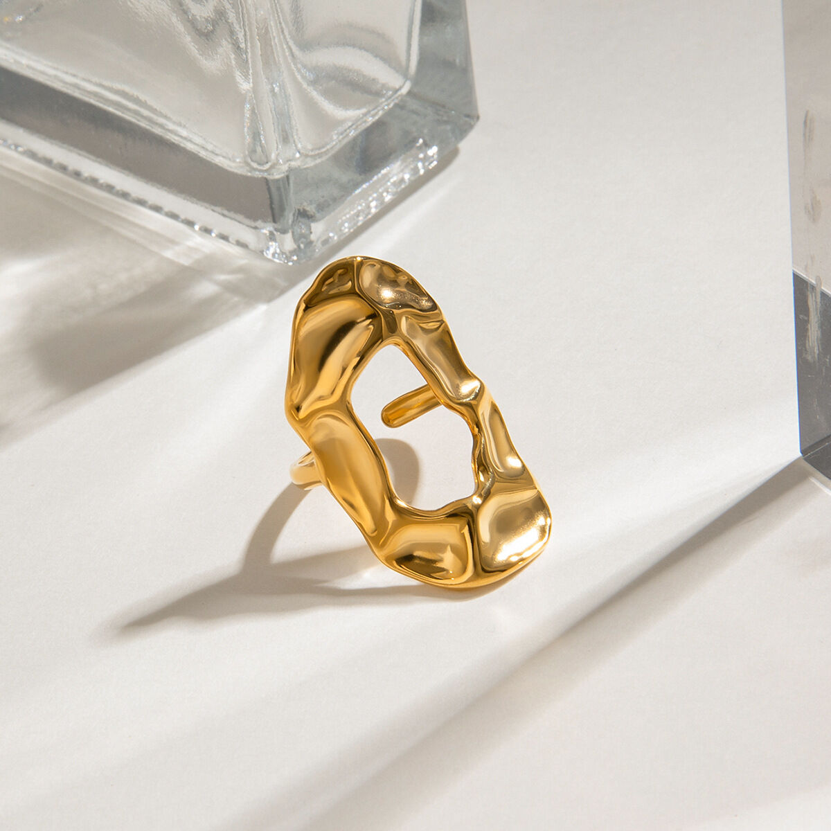 1 piece classic series  style hammered texture stainless steel gold color women's adjustable rings