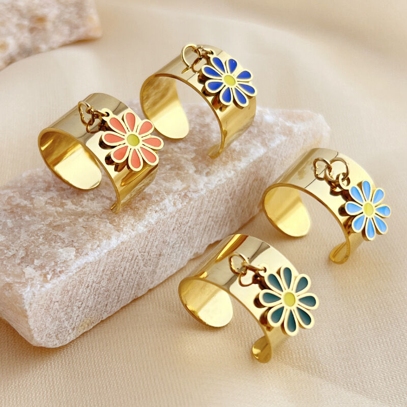1 Stück Romantische Serie Bunte Natürliche Gänseblümchen-Anhänger Edelstahl Wasserdicht Goldfarben Damen Verstellbarer Ring h5 Bild3