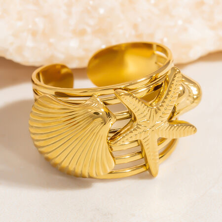 1 Piece Designable Series Vacation Chic Conch Stainless Steel Waterproof Gold Color Women's Adjustable Rings