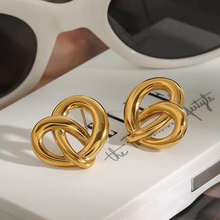 1 Pair Fascinating Series Daily Heart Knot Shape Stainless Steel Waterproof Gold Color Women's Stud Earrings