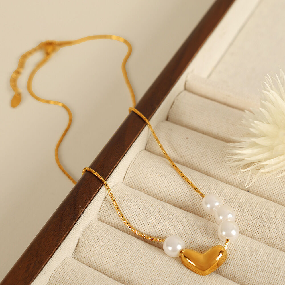 1 piece simple series simple heart stainless steel  gold plated artificial pearl women pendant necklaces 2