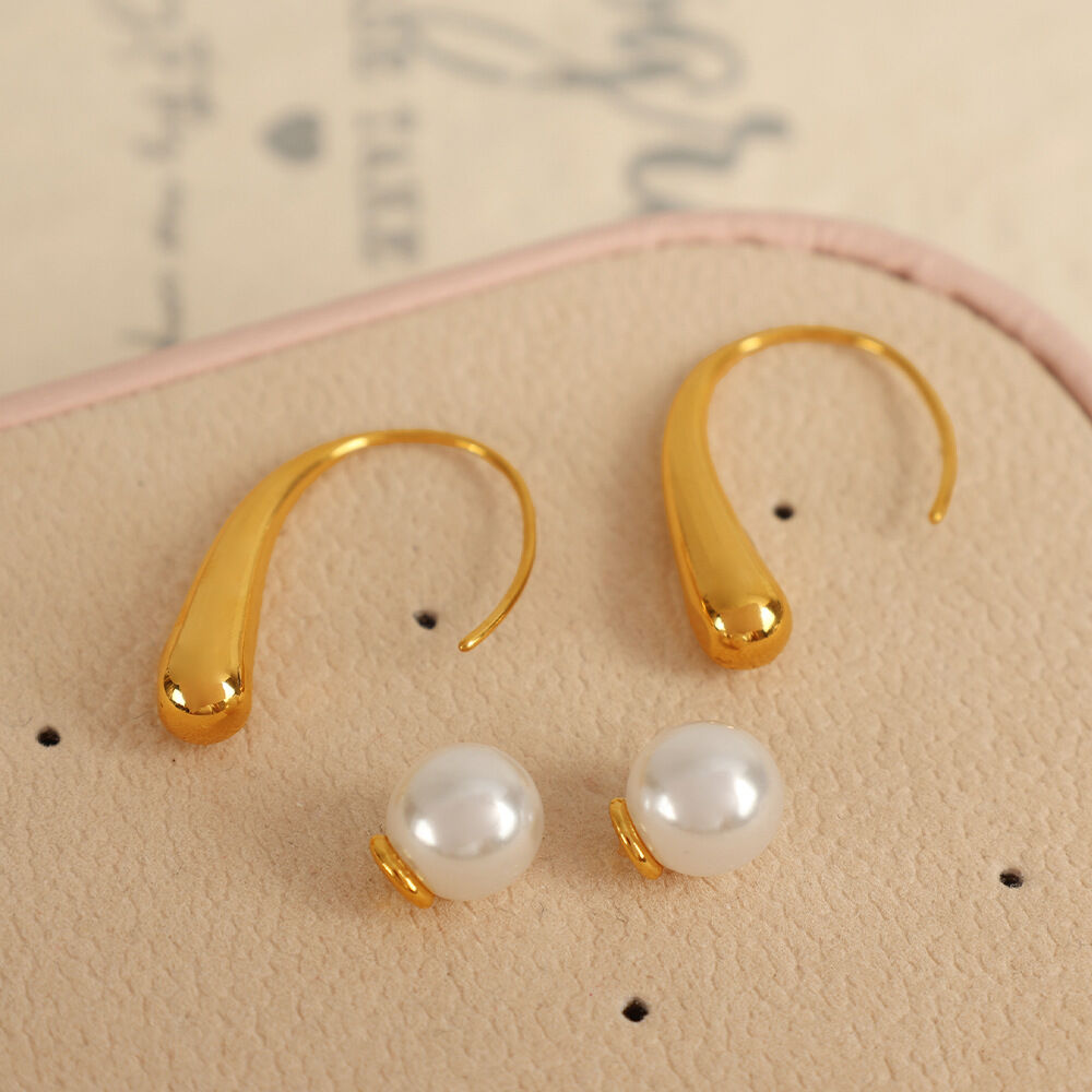 1 paire de boucles d'oreilles à tige géométriques simples en acier inoxydable plaqué or  avec perles artificielles pour femmes Image3