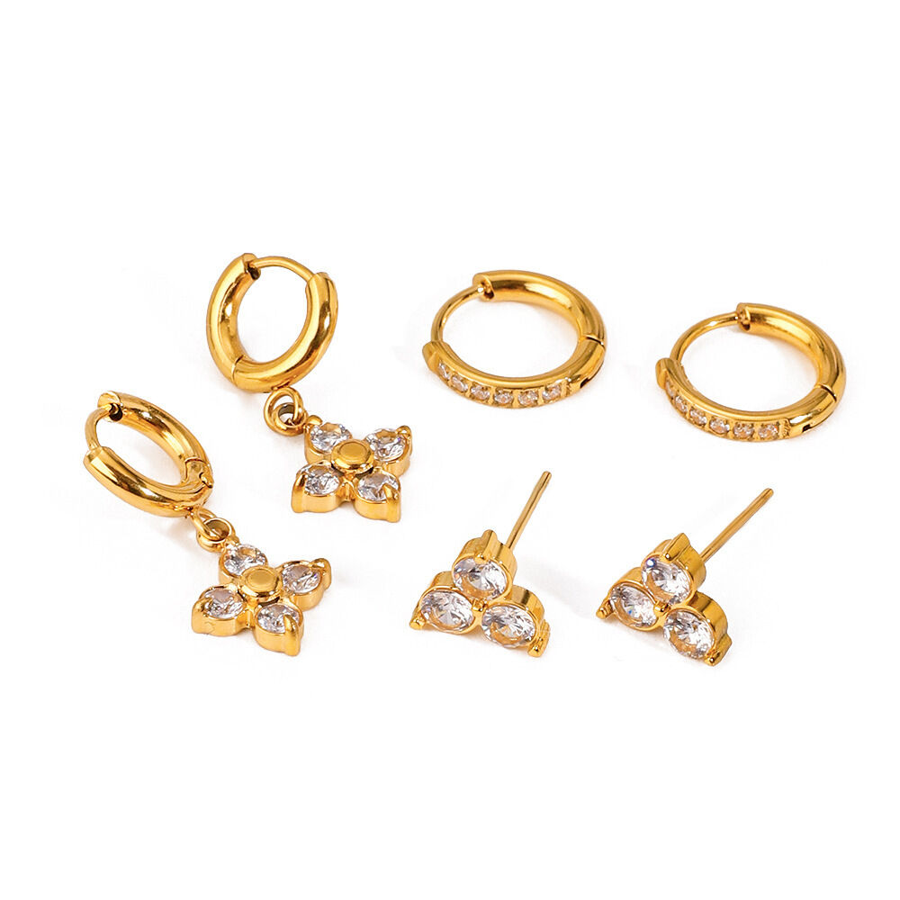 1 piece simple classic style four-pointed star shape stainless steel gold plated inlay zircon women's earrings set h5Picture7