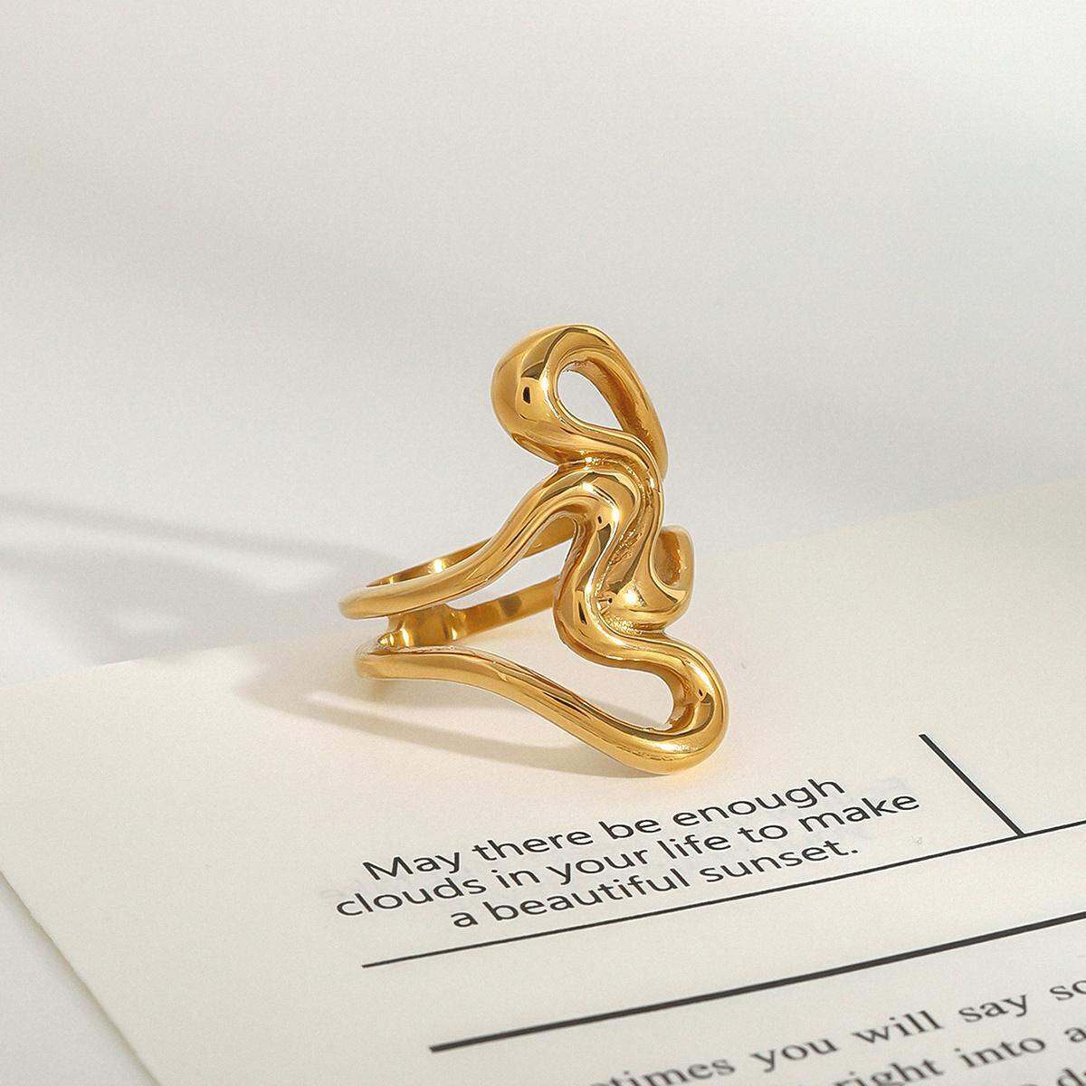 1 Piece Daily Series Irregular Overlap Heart Shape Stainless Steel Waterproof Gold Color Women's Single Rings