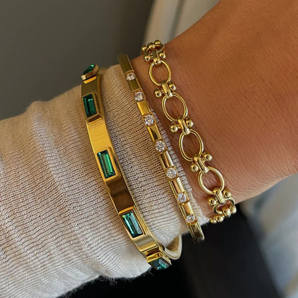 1 Stück schlichter, geometrischer Retro-Stil, Edelstahl, 18 Karat vergoldet, mit Zirkonia-Inlay, offene Armreifen für Damen h5Bild4