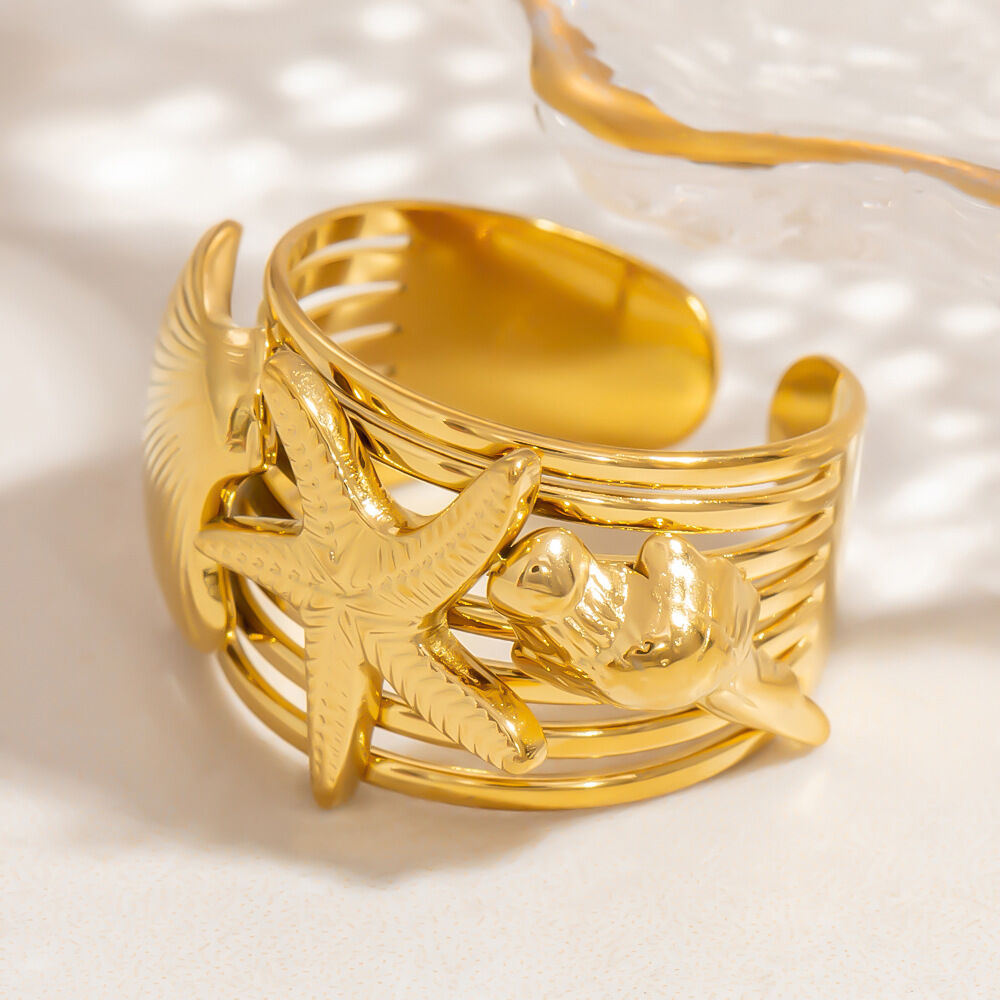 Anelli regolabili da donna in acciaio inossidabile color oro, impermeabili, con conchiglia chic per le vacanze, 1 pezzo, serie personalizzabile Immagine3