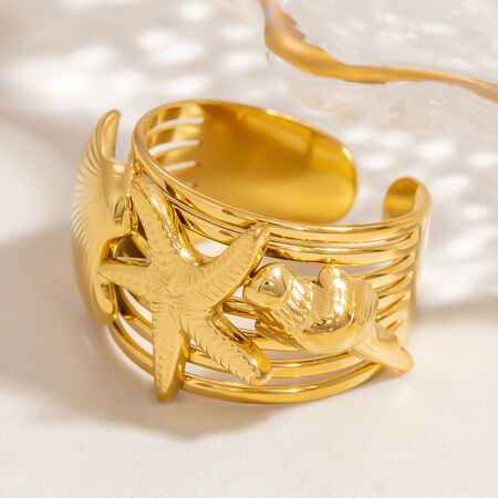 1 Piece Designable Series Vacation Chic Conch Stainless Steel Waterproof Gold Color Women's Adjustable Rings 2