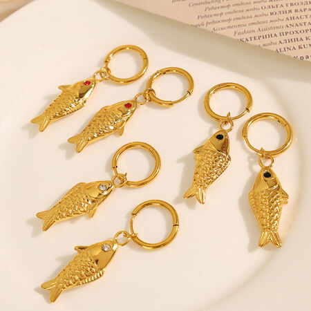 1 pair classic series daily fish titanium steel gold color plated rhinestone women's drop earrings